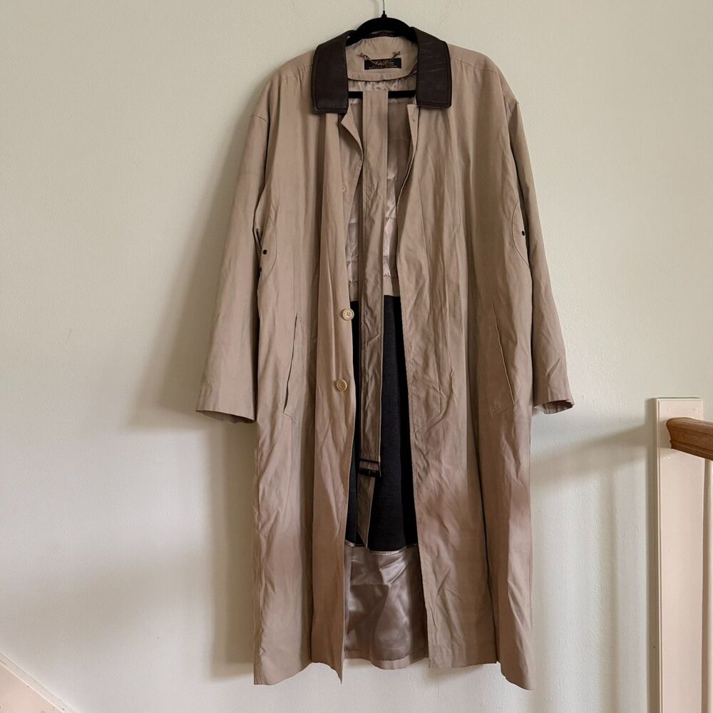 Brooks Brothers Men's Trench Coat 40S Khaki Belted Leather Collar Old Money Luxe